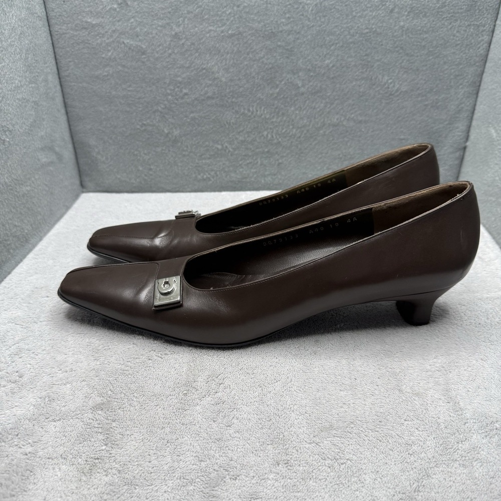 Salvatore Ferragamo Chocolate Brown Leather Square-Toe Pumps - Picture 2 of 8